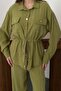 Women's Olive Shirt Pants Set Buttoned Lace-Up Ribbed Wide Leg Pants with Pockets - 4