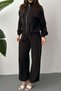 Women's Black Zippered Stand Collar Pocket Detailed Wide Leg Modal Jacket and Trousers Set - 4