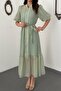 Women's Mint Transparent Lined Belted Buttoned Balloon Sleeve Maxi Dress - 4