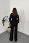 Women's Black Shirt Pants Set Buttoned Lace-Up Ribbed Wide Leg Pants with Pockets - 5