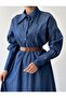 Women's Blue Denim Shirt Collar Buttoned Belt Detailed Long Sleeve Maxi Dress - 8