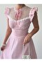 Women's Pink Midi Dress with Plaid Pattern, Lace Collar, Ruffle Sleeves and Flounces - 3