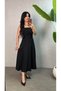 Women's Strappy Square Collar Long Crepe Dress with Tie Detail at the Back of the Waist - 2