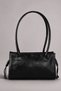Black Shiny Textured Women's Shoulder Bag - Silver Metal Buckle, Zippered Baguette Bag 297 - 4