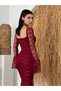 Women's Burgundy Midi Dress Sweetheart Neckline Floral Patterned Tulle Long Spanish Sleeves - 7