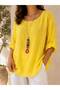 Italian Linen Textured Oversized Blouse with Pendant – Crew Neck, Batwing Sleeves, Casual Chic Women's Blouse - 2