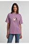 Oversize Fit Round Neck Printed Women's Purple Short Sleeve T-Shirt