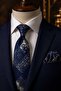 Navy Blue Beige Motif Patterned Classic Tie with Handkerchief Kk13967