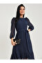 Long Puff Sleeves Dobby Spot A-Line Midi Dress with Tie Belt - 2