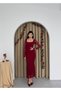 Women's Burgundy Midi Dress Square Neck Long Lace Sleeves Draped Evening Dress - 6