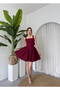 Women's Burgundy Mini Dress Square Neck Backless Flared with Bow - 4