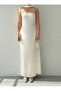 Women's Ecru Strapless Shawl Detailed Satin Midi Dress with Open Back - 2