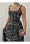 Women's Black Sequined Square Neck Strap Midi Length Flared Cut Event Dress - 7