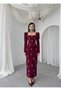 Women's Burgundy Stone Detailed Square Neck Balloon Shoulder Long Sleeve Midi Dress - 6