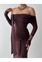 Women's Coffee Color Long Boat Neck Draped Dress with Tie Detail and Long Sleeves - 7