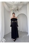 Women's Black Midi Dress Strapless Collar Flounce Chiffon Sleeves Lace Detail - 4