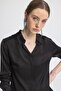 Women's Black Satin Textured Regular Fit Long Sleeve Shirt Collar Shirt - 3