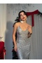Women's Gray Midi Dress with Straps, V-Neck, Sequins, and Open Back - 5