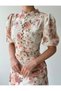 Women's Beige Floral Patterned Belt Detailed Stand Collar Balloon Sleeve Midi Dress - 3
