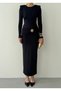 Women's Black Midi Dress with Draped Long Sleeves and Gathered Metal Accessory Detail - 2