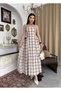 Women's Ecru Plaid Strappy Square Neck Fitted Waist Midi Length Flared Dress - 4