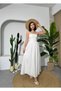 Women's Ecru Strappy Scallop Textured Square Neck Gathered Waist Long Dress - 6