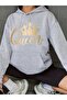 Women's Crown & Queen Text Printed Black Gray Hooded Kangaroo Pocket Unisex Oversize Sweatshirt