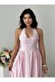 Women's Pink Halter Neck Button Detailed Backless Midi Poplin Dress