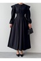 Women's Black Midi Dress Balloon Sleeve Shoulder Flounce Button Detail Poplin A-Line - 2