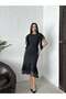 Women's Black - Black Maxi Length Lace Detailed Flounce Skirt Short Sleeve Dress