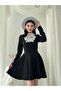 Women's Black Mini Dress Lace Collar Pearl Buttoned Long Sleeve Flared Atlas
