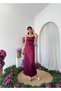 Women's Burgundy Midi Dress with Straps, Degaje Collar, Floral Appliqué, Satin - 7