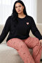 Black Patterned Embroidered Cotton Lycra Large Size Oversized Knitted Pajama Set26240951
