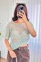 Women's Mint Green Sequined Mesh Textured Crew Neck Short Sleeve Blouse - 2
