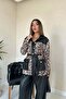 Women's Black Top and Bottom Set with Leopard Pattern Leather Trim and Belted Shirt and Pants - 5