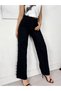 Women's Black High Waist Lace Ribbon Detailed Denim Straight Leg Long Trousers - 2