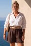 Brown Pocketed Pleated Belted Elastic Waist Double Leg Casual Linen Look Woven Shorts 50 63 - 3