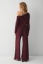Delore Women's Soft and Flexible Fabric Asymmetrical Collar Draped Detail Burgundy Top and Bottom Set - 5