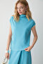 Envelope Women's High Collar Flowy Double-Breasted Draped Detail Wide-Leg Blue Top and Bottom Set - 2
