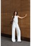 Women's White Blouse Pants Set Crew Neck Sleeveless High Waist Lace-Up Palazzo - 2