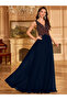 Navy Blue Sequin A-Line Maxi Evening Dress - 6