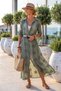 Italian Khaki Shirt Collar 3/4 Sleeve Lined Skirt Ruffle Belted Embroidered Silk Woven Dress 137 58 - 3