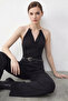 Women's Halter Neck Bodysuit with Accessories and Snap Buttons at the Bottom, Black - 4