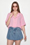 Women's Open Collar Self-Striped Oversize Short Sleeve Candy Pink Shirt - 4