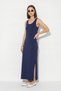 Women's Scarf Detailed Backless Slit Maxi Navy Blue Dress - 2