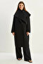 Women's Oversized Black Coat with Flap Collar and Scarf Accessories