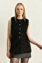 Women's Soft Textured Bearded Button Detailed Lined Black Vest - 4