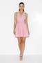Women's Deep V-Neck Halter Neckline Waist Detail Flounce Lined Mini Pink Dress