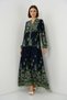 Women's V-Neck Gathered Waist Floral Patterned Viscose Navy Blue Hijab Dress - 3