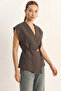 Women's Buttoned Belted Woven Brown Vest - 4
